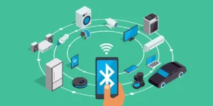 Bluetooth 5.3 vs 5.4 in smart home connectivity, linking various IoT devices through a smartphone.
