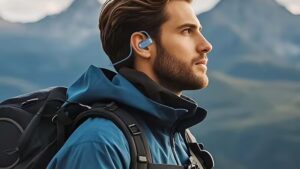 A focused hiker with a beard wearing a blue ALOVA bone conduction headphone. He is wearing a blue jacket and a black backpack, set against a blurred background of mountains.