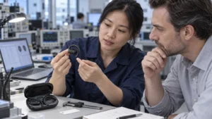 AI-generated scene of an audio engineer and product manager reviewing an open-ear headphone sample at a workbench.