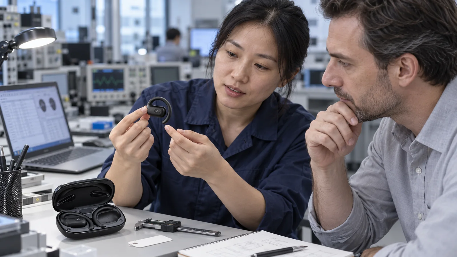 AI-generated scene of an audio engineer and product manager reviewing an open-ear headphone sample at a workbench.