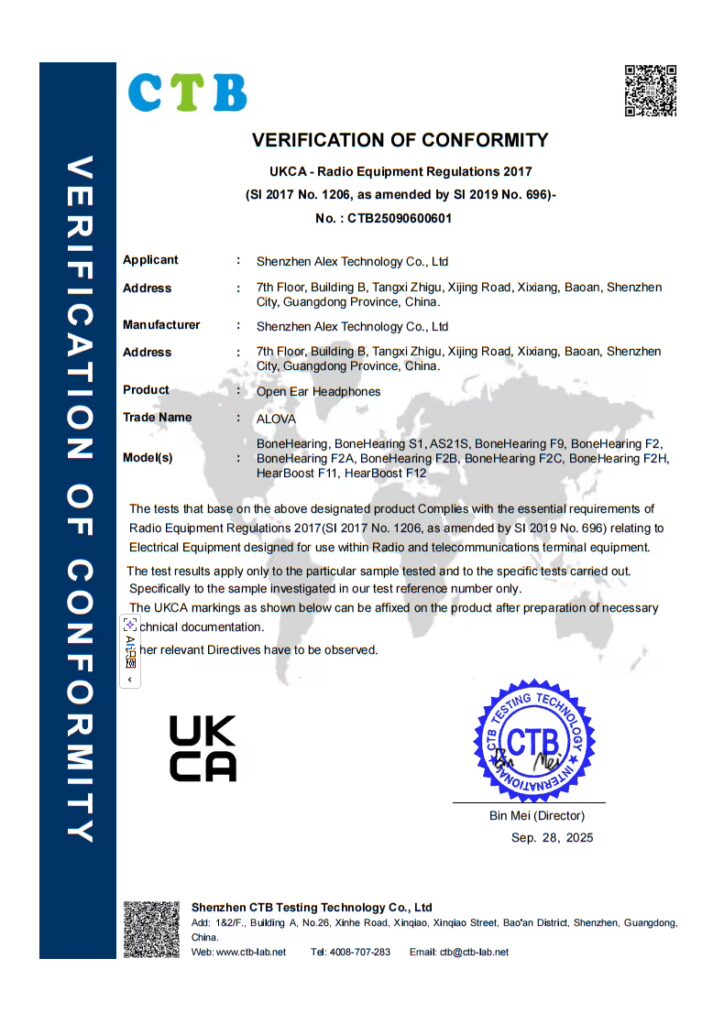 A formal UKCA (UK Conformity Assessed) Verification of Conformity certificate issued by Shenzhen CTB Testing Technology Co., Ltd. for "Open Ear Headphones" under the trade name ALOVA. The document features a blue and white header with the "CTB" logo and a vertical "VERIFICATION OF CONFORMITY" banner on the left. The certificate (No. CTB25090600601) identifies Shenzhen Alex Technology Co., Ltd. as both the applicant and manufacturer. It lists multiple models, including BoneHearing, AS21S, HearBoost F11, and others. The text states the product complies with the UK Radio Equipment Regulations 2017. At the bottom, the UKCA mark is displayed on the left, while the right side shows a blue circular "CTB Testing Technology" stamp and the signature of Director Bin Mei, dated Sep. 28, 2025. A faint world map serves as the background for the central text.