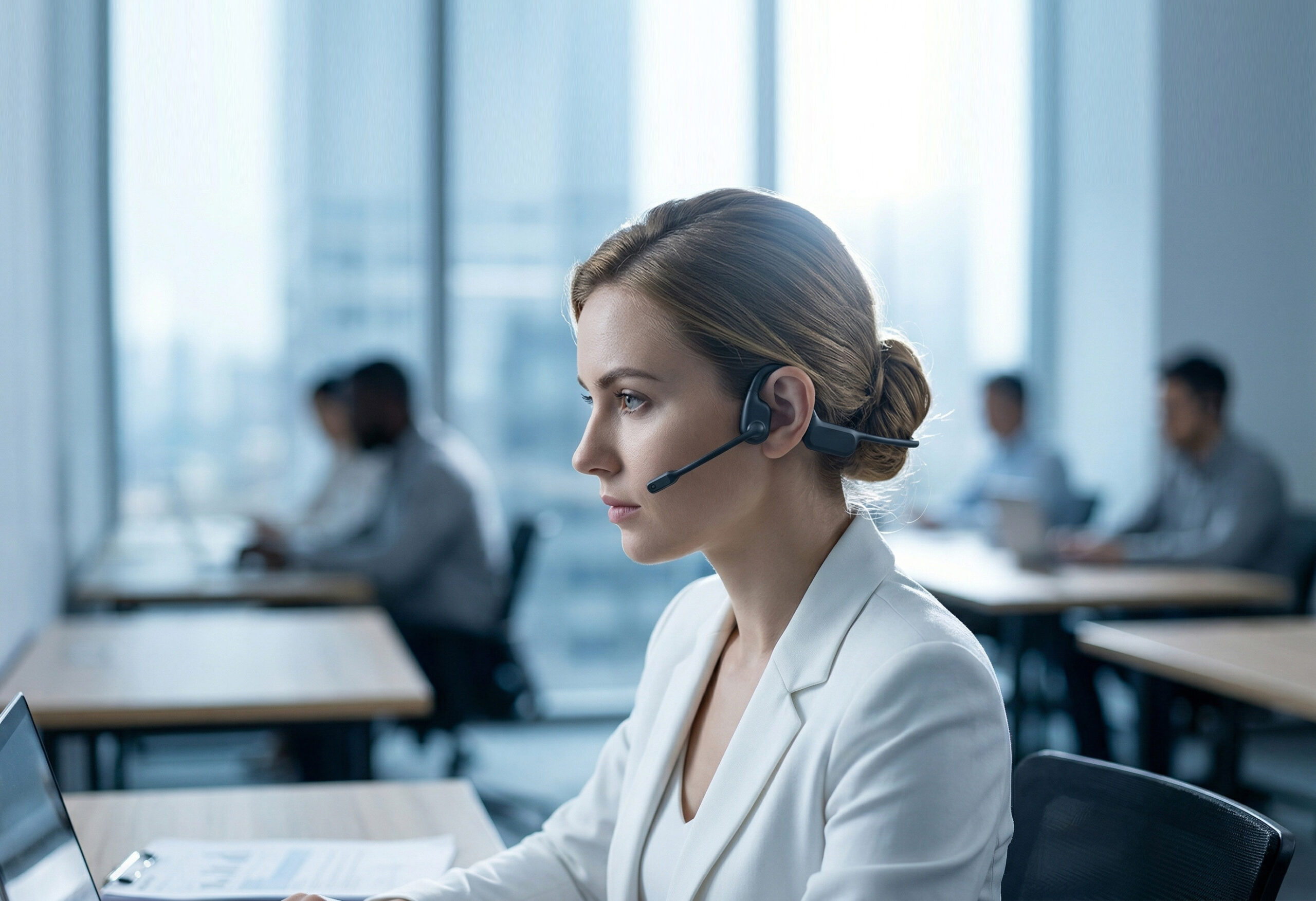 Professional woman wearing the PTT01 open-ear push-to-talk headset in a modern office environment, showing a lightweight behind-the-neck design, open-ear wearing style, and rotatable boom microphone for clear team communication while keeping environmental awareness.