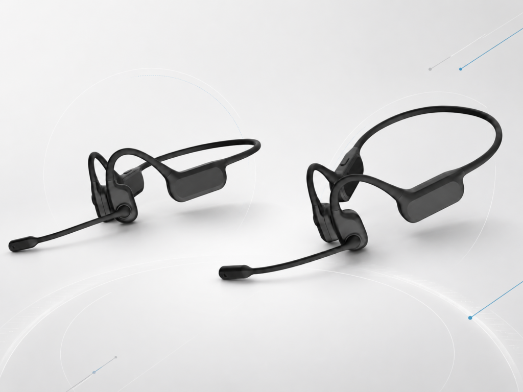 PTT01 open-ear push-to-talk headset shown from two product angles, featuring a lightweight behind-the-neck design, open-ear wearing structure, and rotatable boom microphone for team communication.