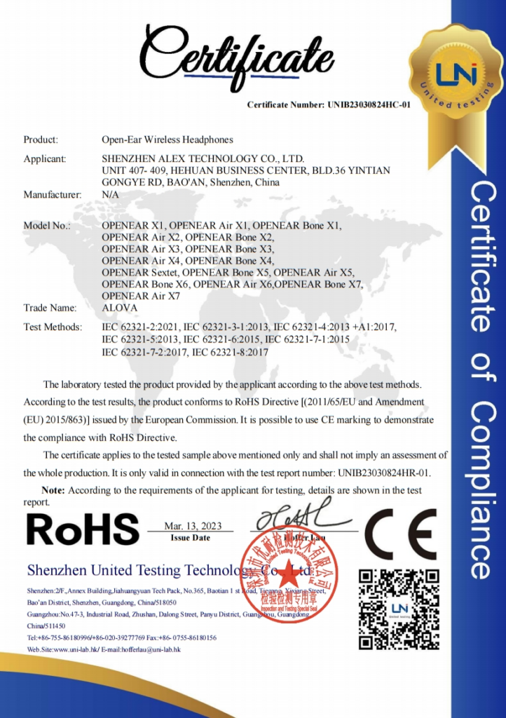 RoHS certificate for open-ear wireless headphones showing compliance with EU RoHS Directive requirements for restricted hazardous substances in multiple OPENEAR Air and OPENEAR Bone models.