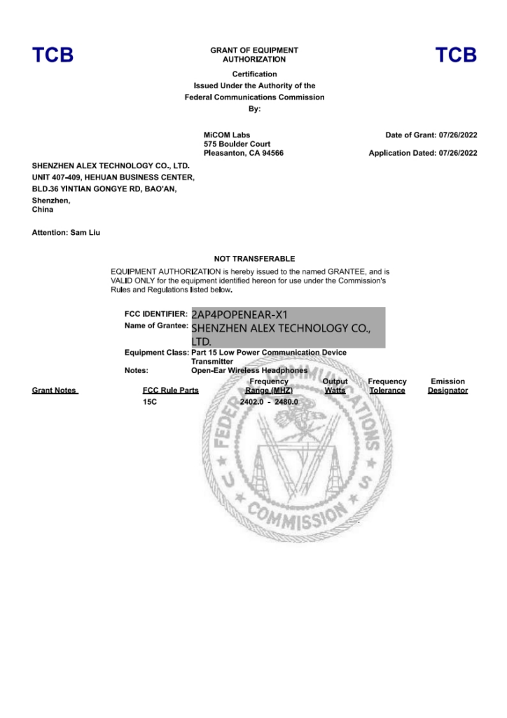 FCC grant of equipment authorization for open-ear wireless headphones under FCC Part 15C, covering Bluetooth radio frequency use for the OPENEAR X1 model.