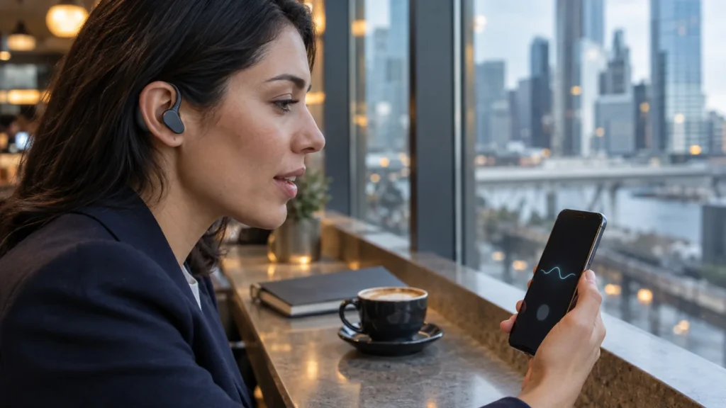 AI-generated café scene of a woman using an open-ear device with a companion smartphone.