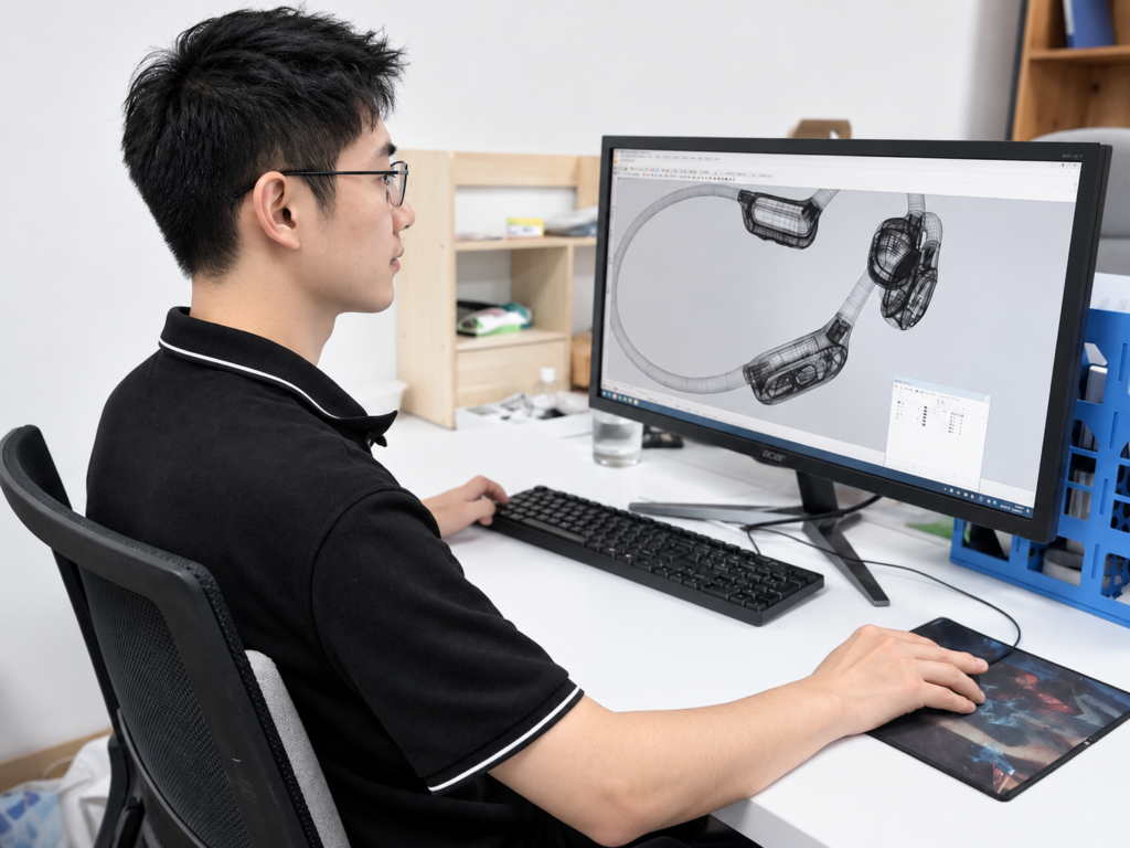 Alova engineer reviewing an open-ear headphone CAD design