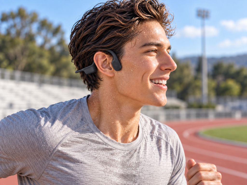 Runner wearing open-ear bone conduction headphones on an outdoor athletics track