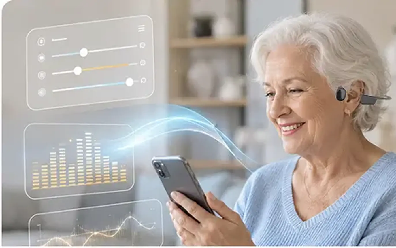 Oudere vrouw past de hoorinstellingen aan met een smartphone-app.