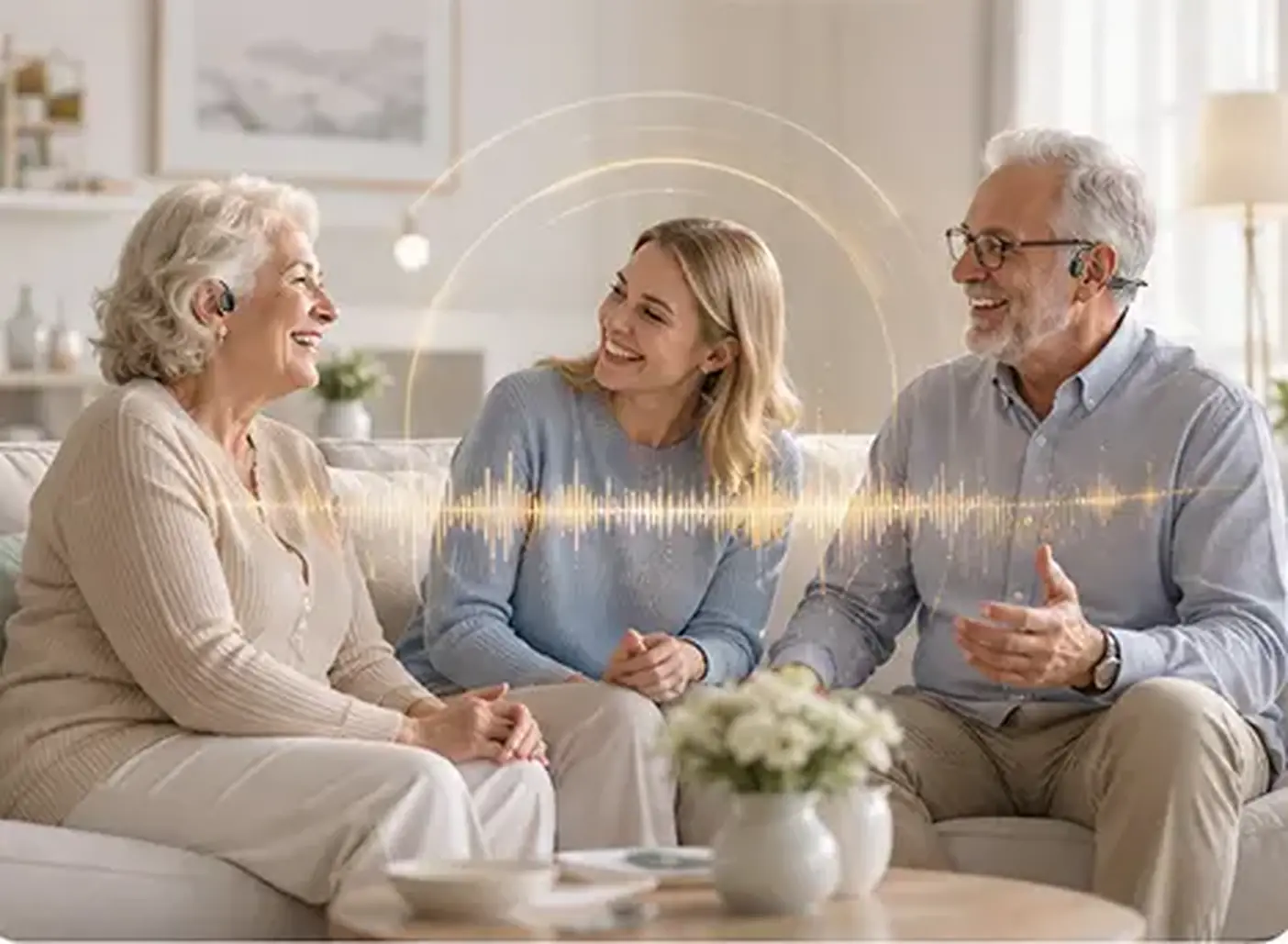 Gezinsleden praten met elkaar in een lichte woonkamer.