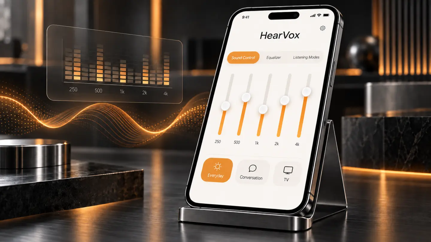 De interface van de HearVox-app biedt instelmogelijkheden voor de frequentieband en luistermodi voor dagelijks gebruik, gesprekken en tv-kijken.