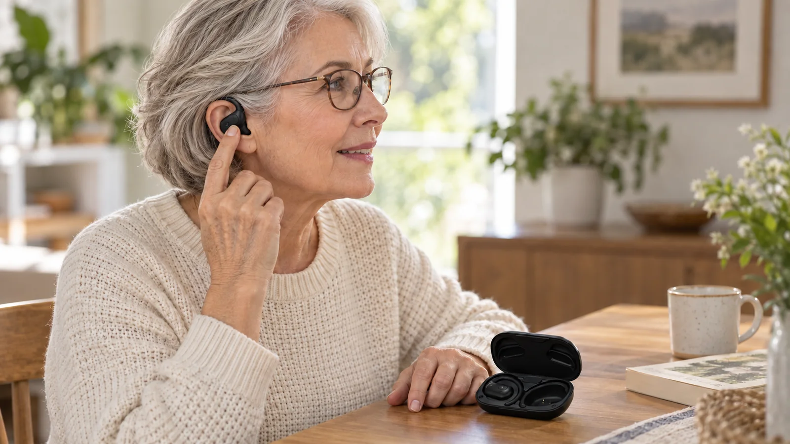 AI-generated scene of an older woman wearing open-ear headphones and glasses at home.