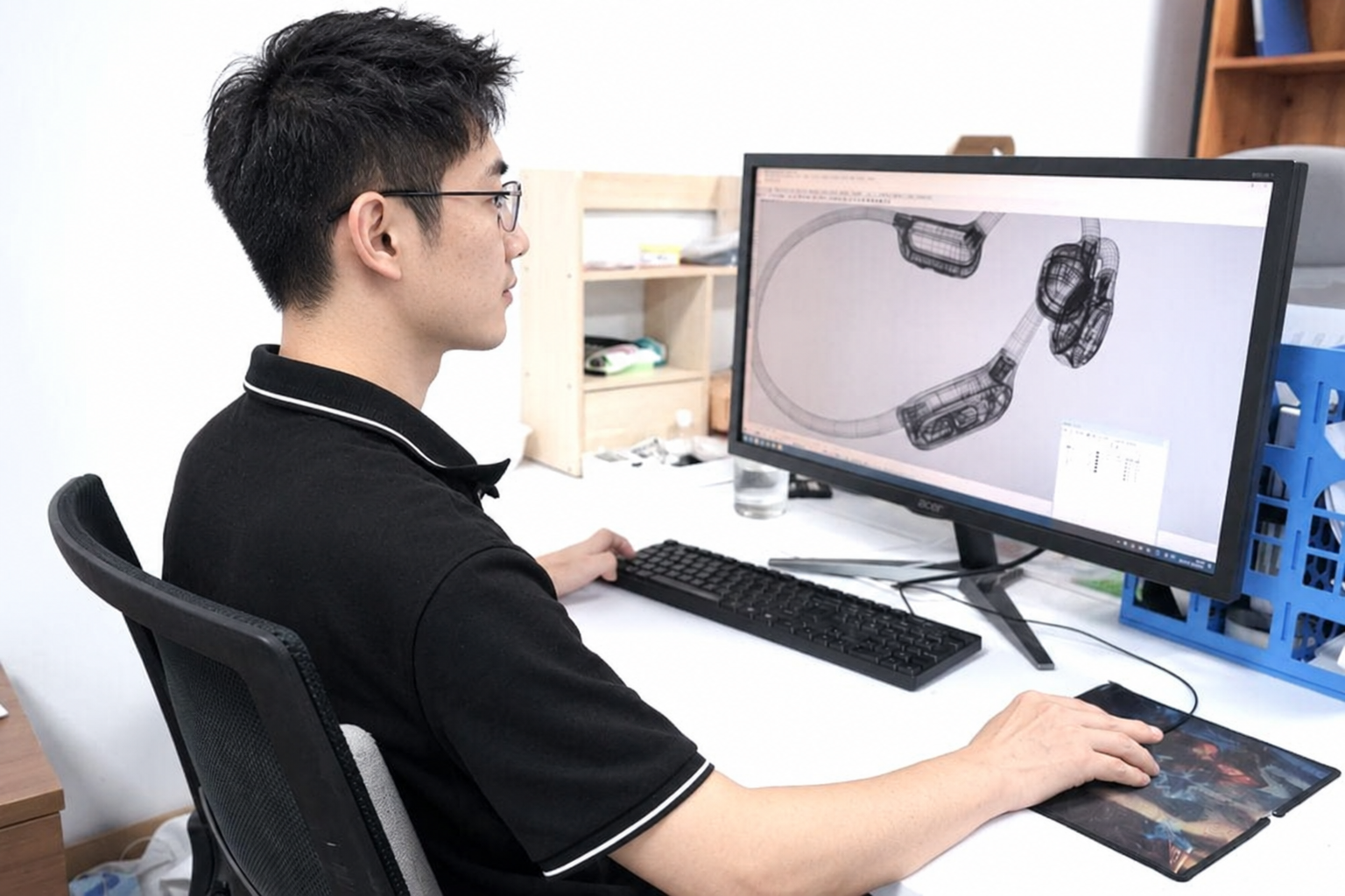 Jonge productontwerper bij Alova ontwikkelt een botgeleidingshoorapparaat in CAD.