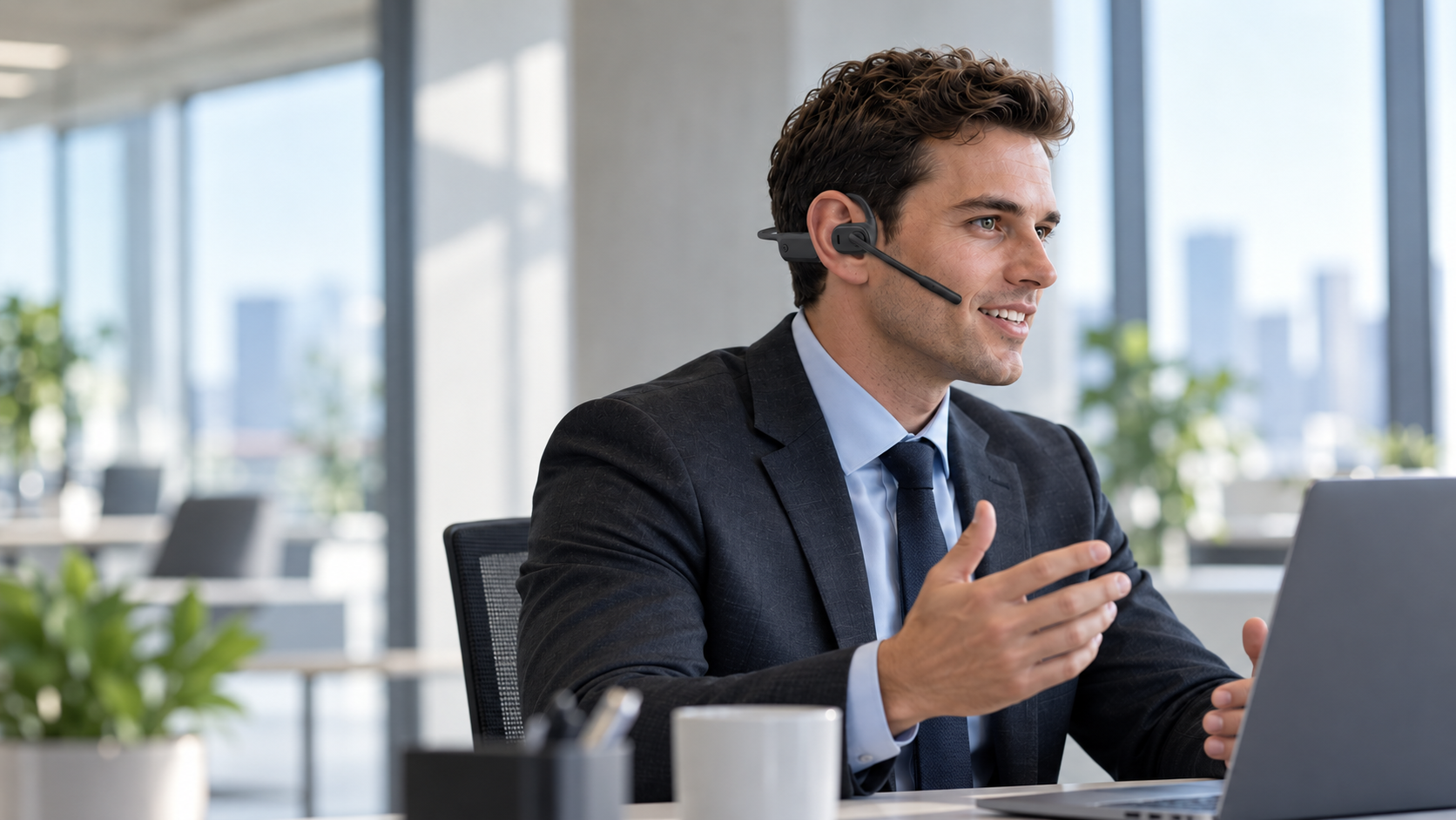 Illustration of an office-call application using an OPENEAR Air F3C style headset