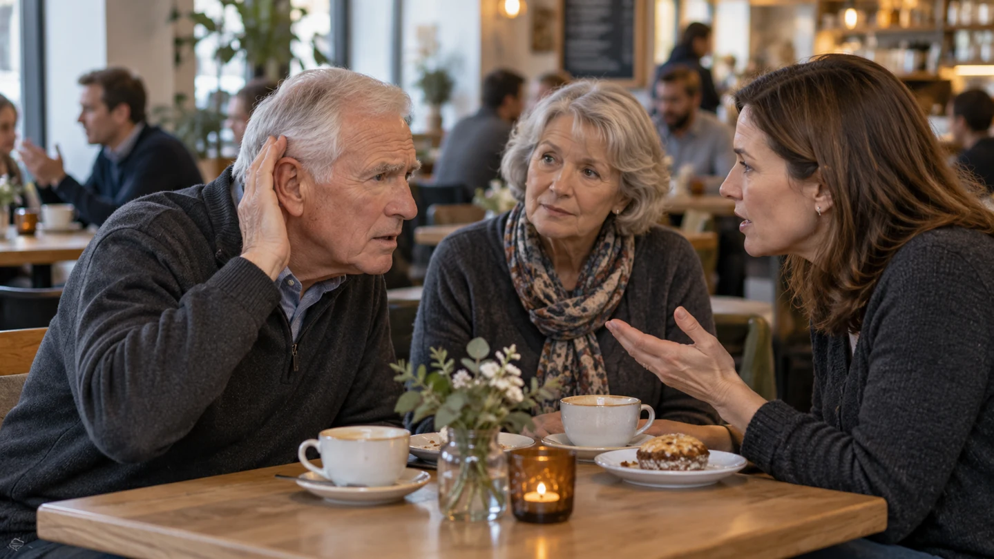 Illustrative cafe scene of an older man cupping his ear and leaning toward a family member to hear the conversation