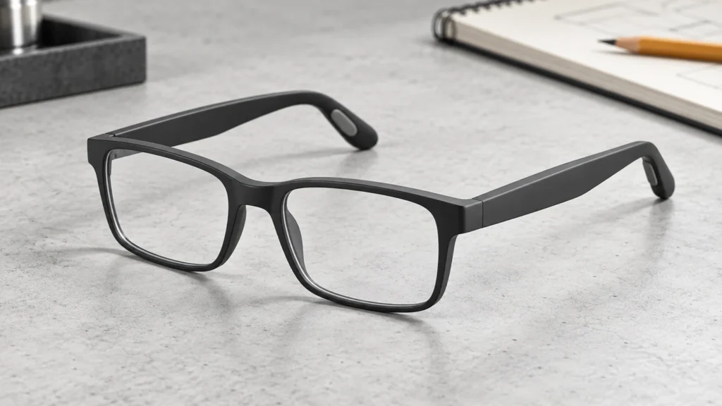 Generic charcoal hearing-glasses concept on an engineering workbench