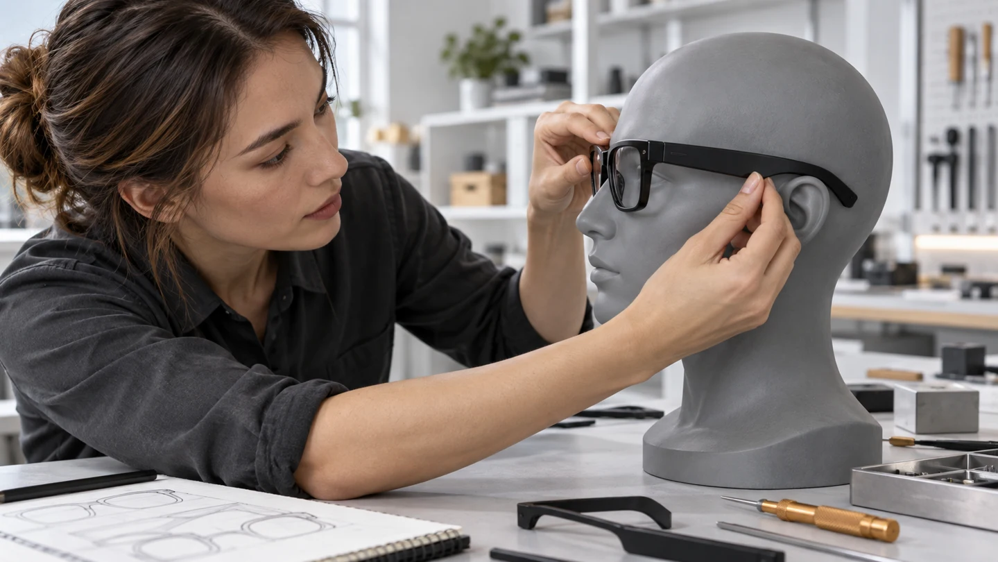 Engineer adjusting a hearing-glasses concept on a headform to explore frame fit