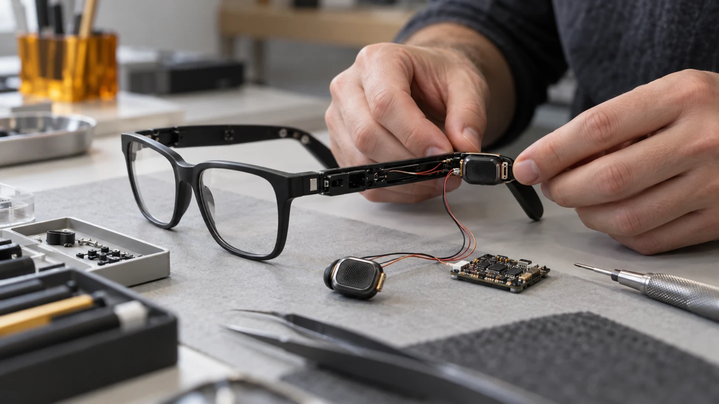 Hands assembling an illustrative hearing-glasses prototype with exposed electronics and wired audio modules