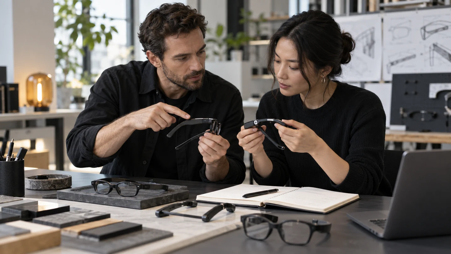 Two engineers reviewing hearing-glasses concepts and frame options at a workbench