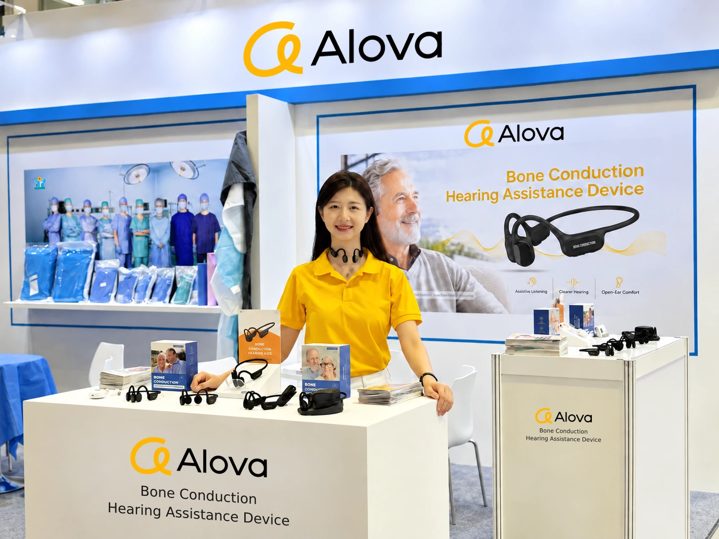 Alova representative with bone conduction hearing assistance devices at the Singapore exhibition; branded promotional edit