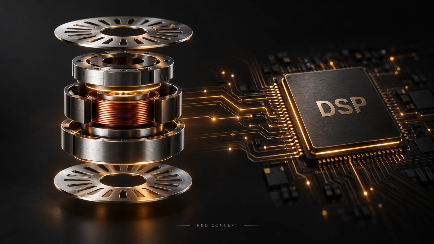 Concept illustration of an external dual-spring cylindrical bone conduction transducer beside a DSP chip.