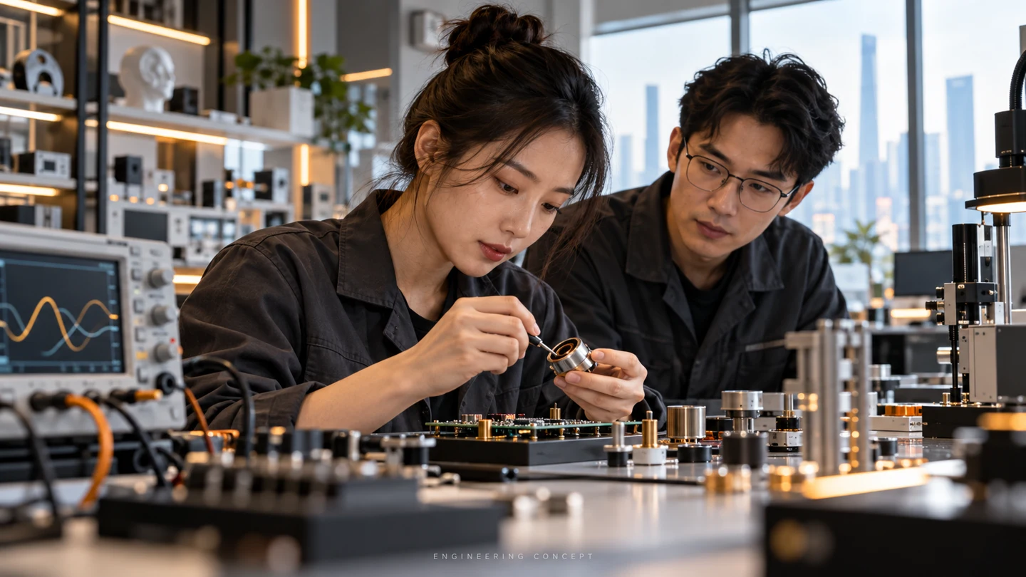 AI-generated scene of audio engineers examining a bone conduction transducer and development board.