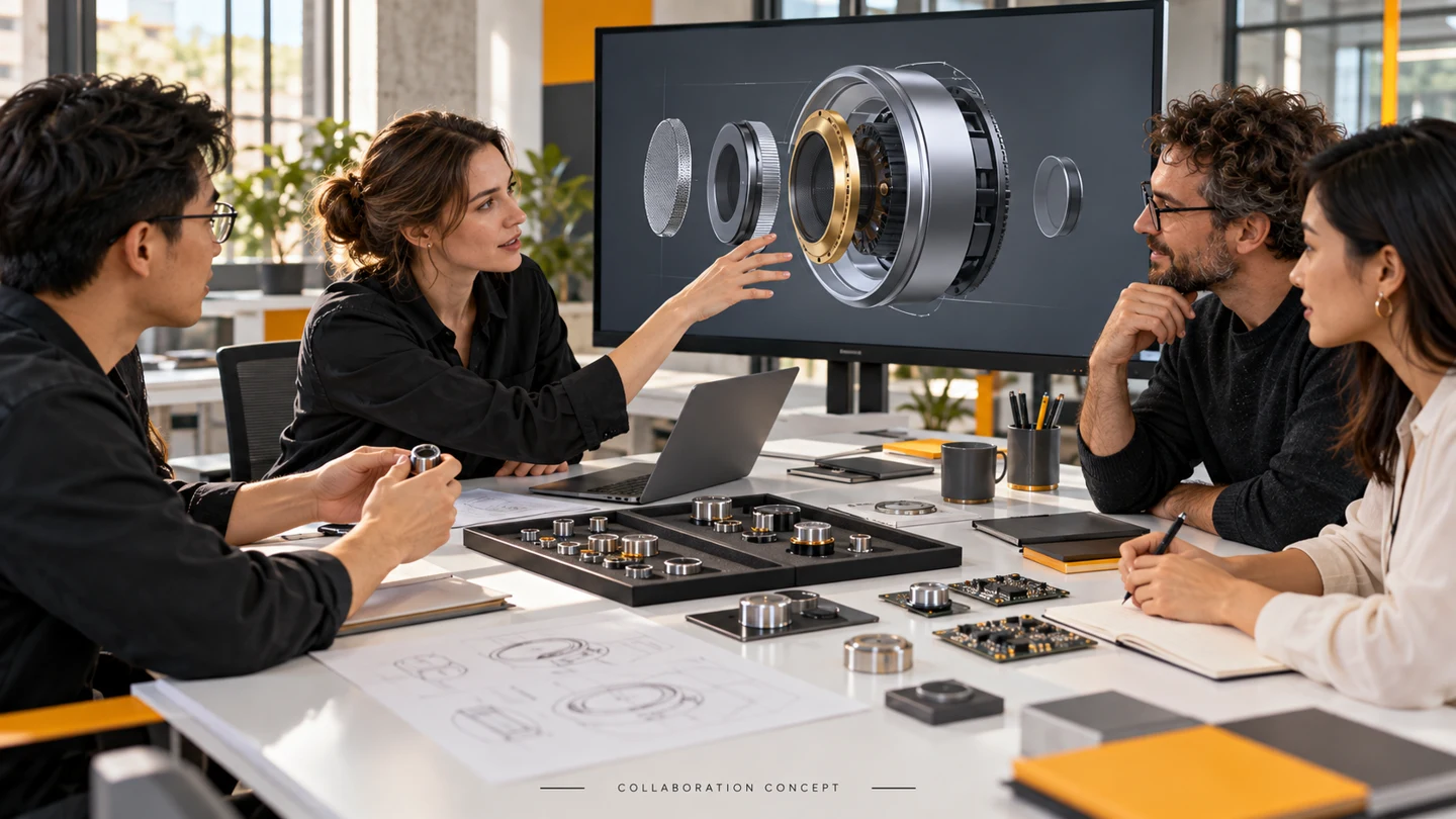 AI-generated concept of an international engineering team reviewing bone conduction component design.