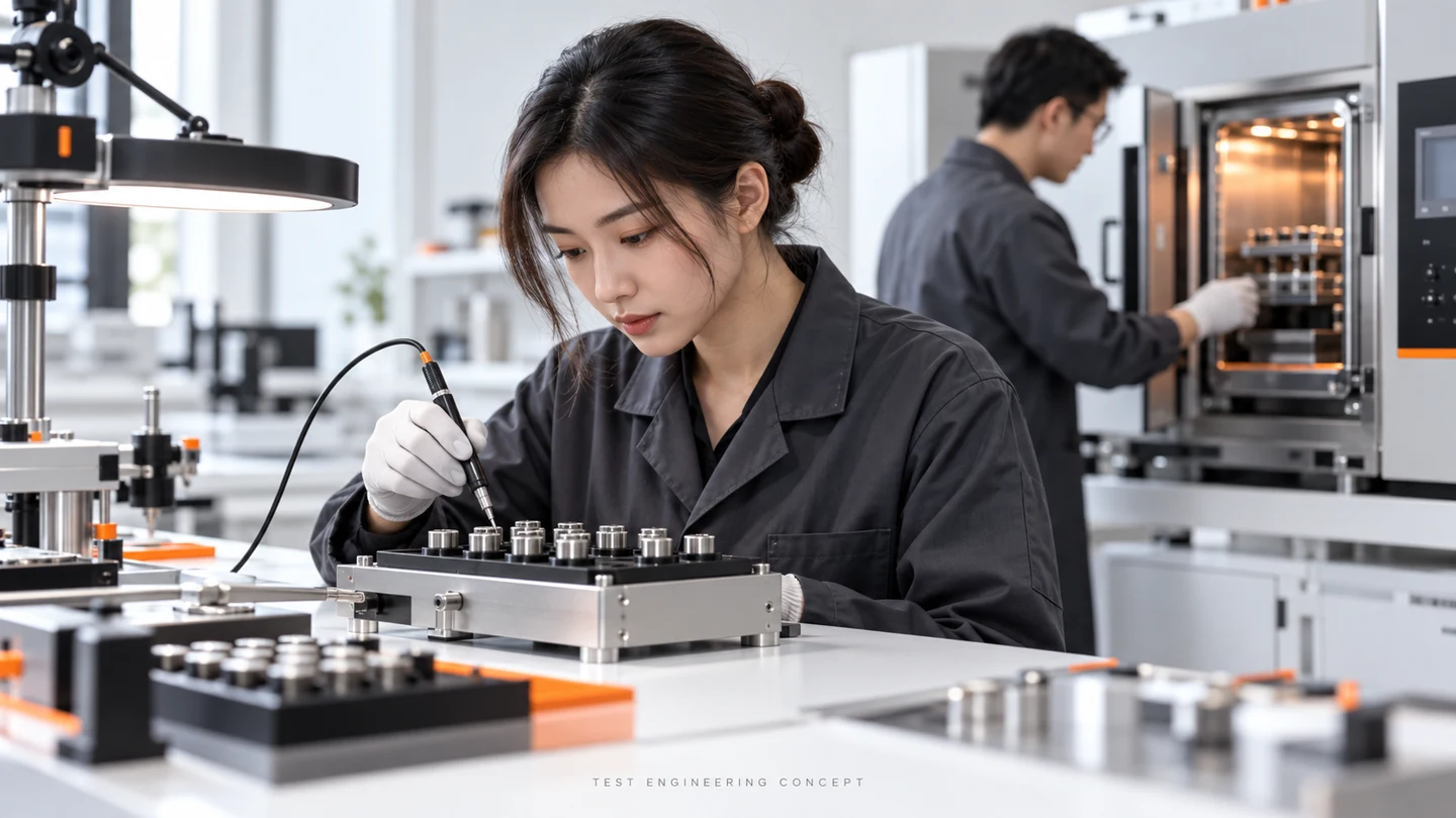AI-generated scene of test engineers inspecting transducer samples beside reliability equipment.