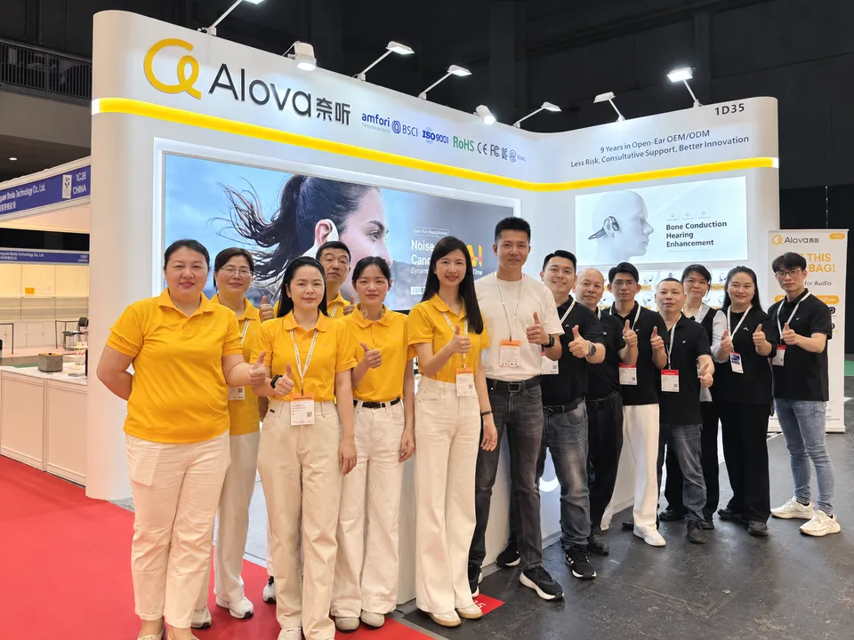 Alova team at an open-ear audio exhibition booth