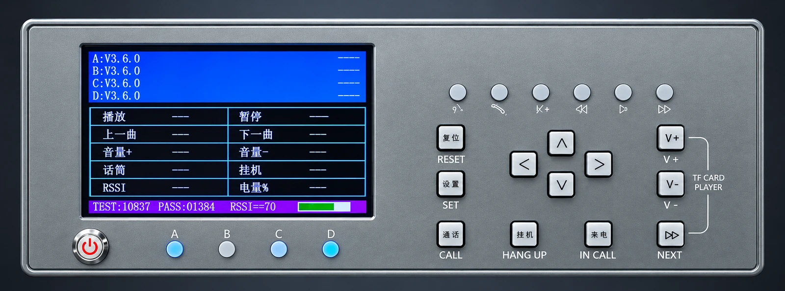 Digitally rendered front control panel of a Bluetooth multifunction tester, for equipment illustration only.