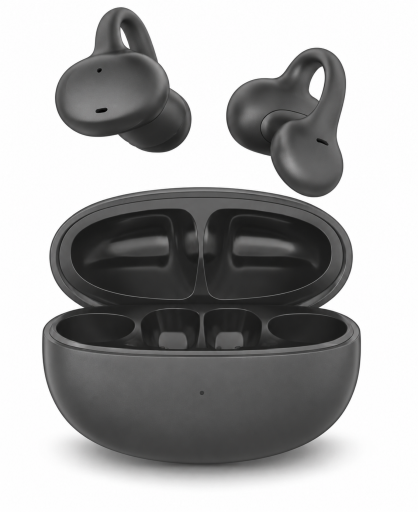 Open-ear hearing assistance earbuds and charging case, color-adjusted product illustration on white