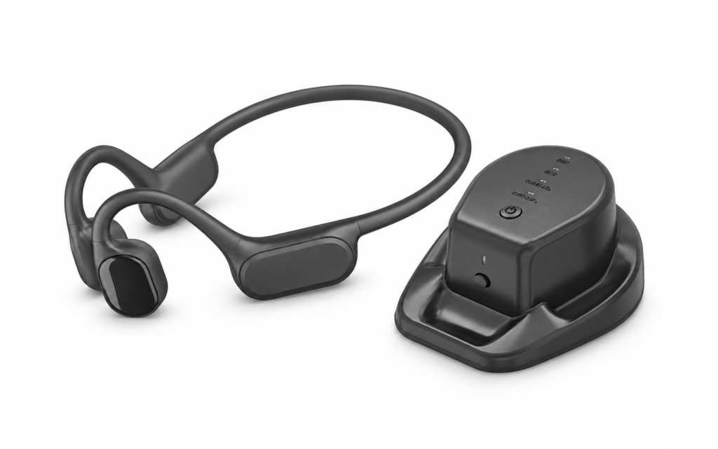 TV transmitter and bone conduction receiving headset, color-adjusted product illustration on white