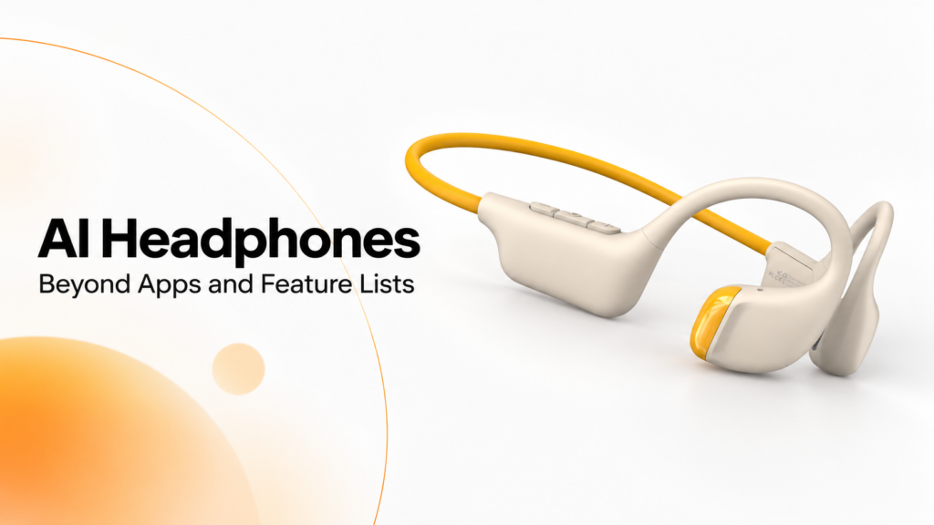 Open-ear headset product artwork for AI headphone OEM evaluation.