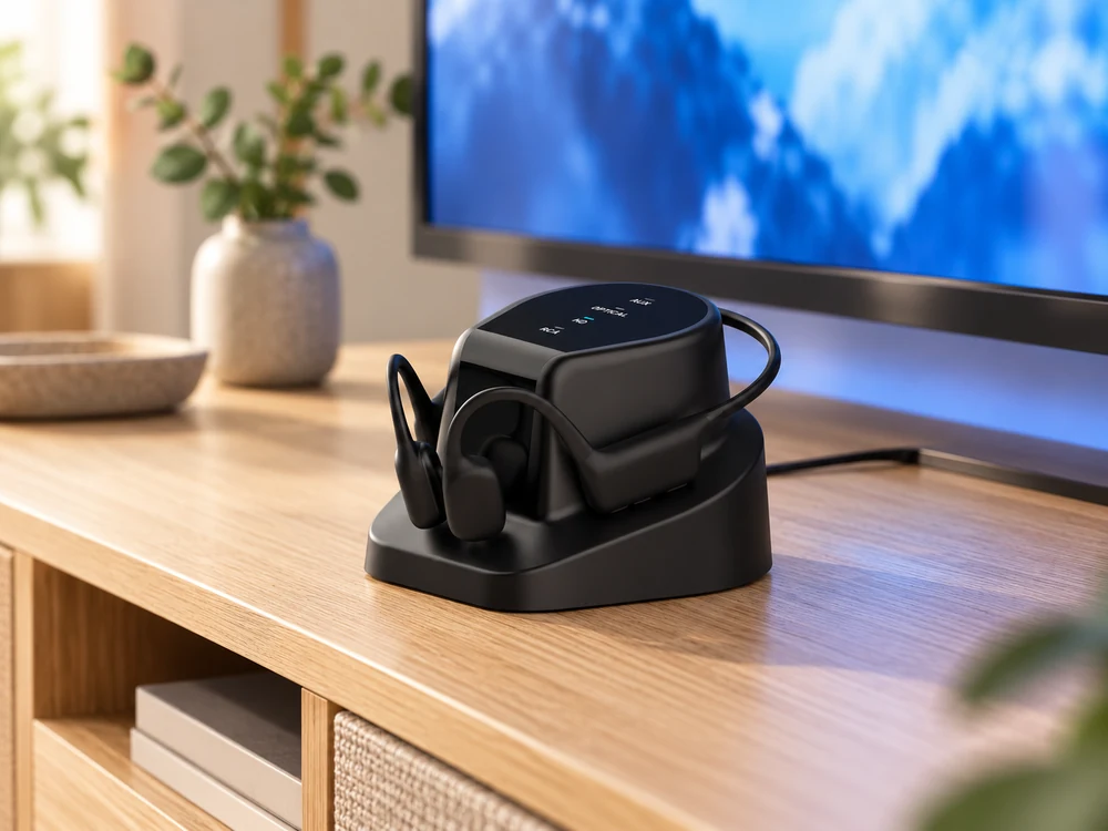 Illustrative F30 transmitter and F2FA headset set on a television console