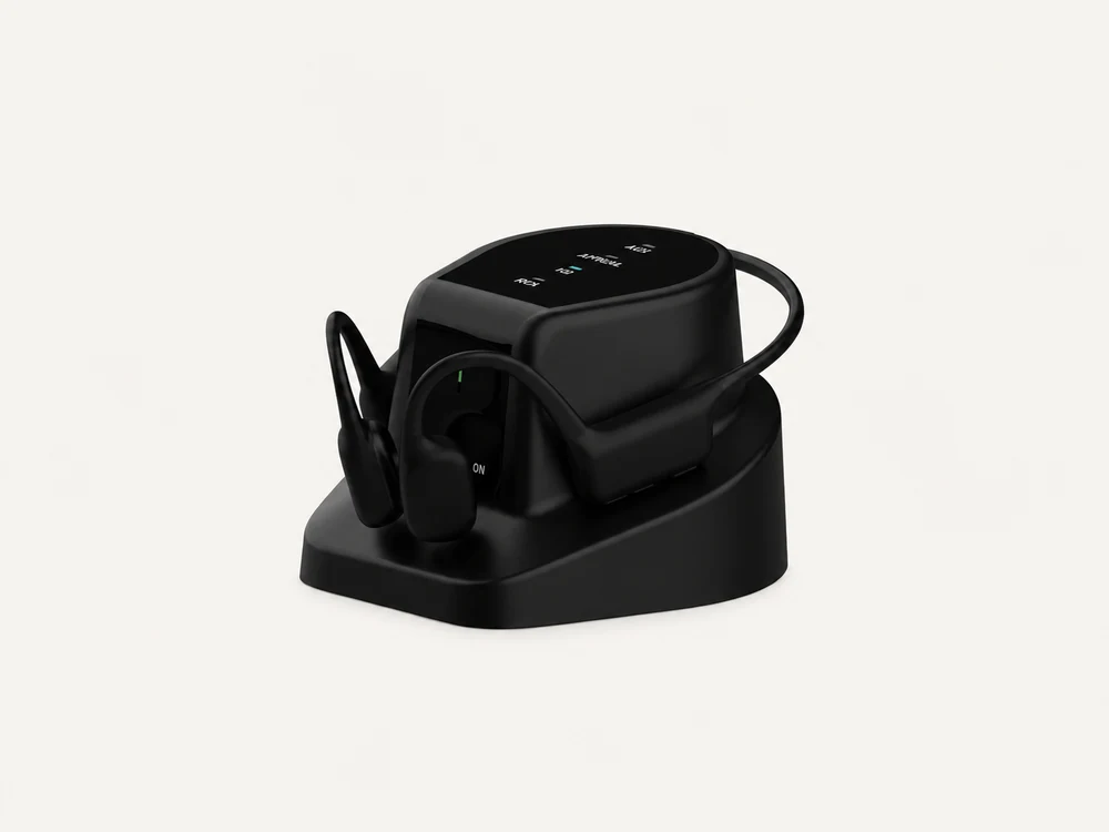 Supplied Alova rendering of the F30 TV transmitter with an F2FA receiving headset