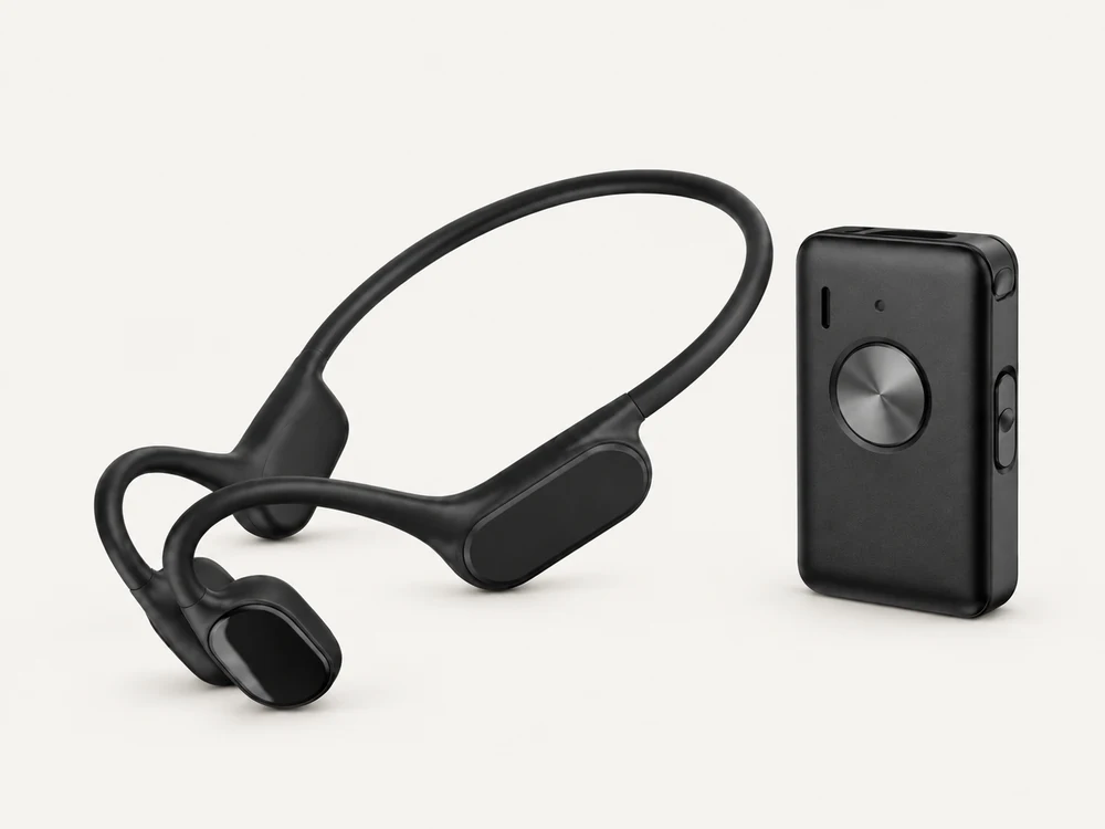 F8 portable remote pickup transmitter beside the F2FA bone-conduction receiving headset
