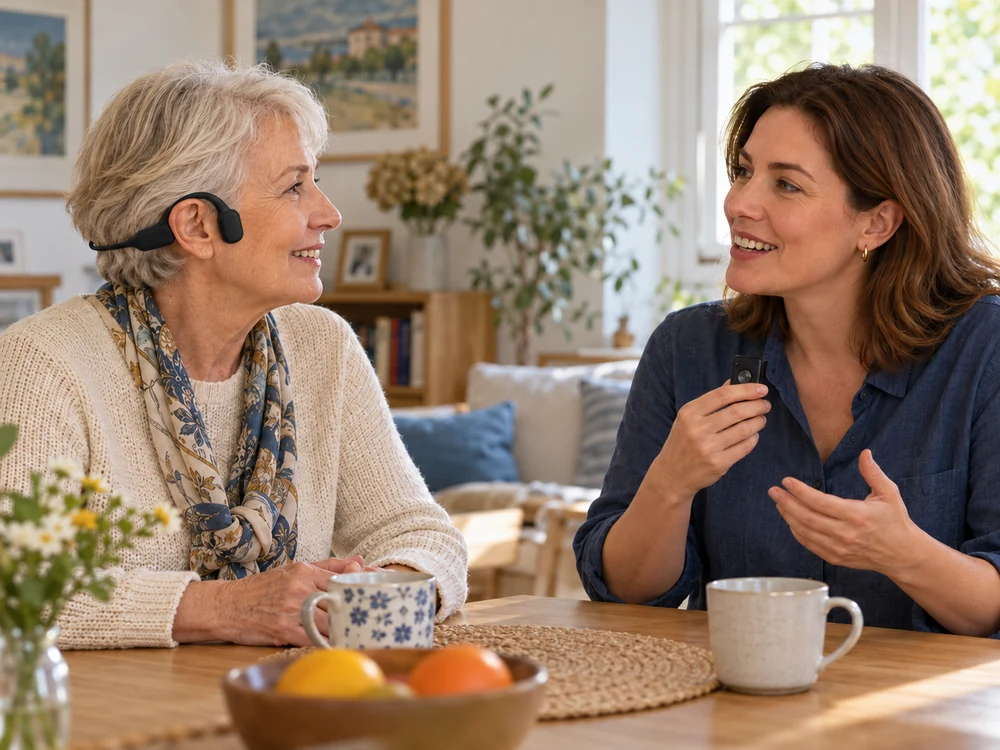 Older adult speaking with a family member who wears a small remote microphone near the speaker's voice