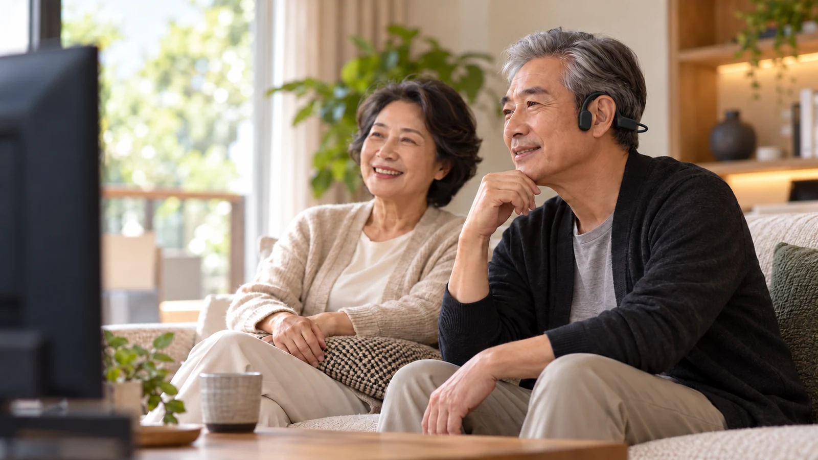 Older couple sharing a television programme at home, with one person wearing an open-ear headset