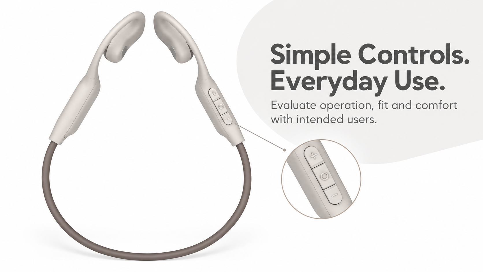 Open-ear headset with physical control detail for user interaction evaluation.