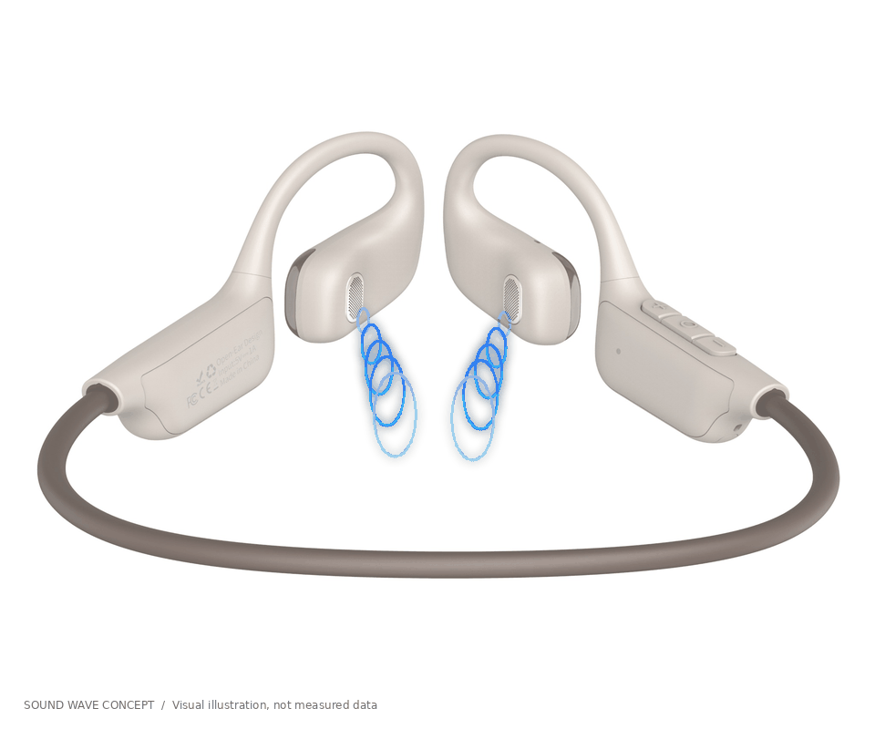 Upright blue wavefronts illustrate sound output from two speaker grilles; not measured acoustic data.